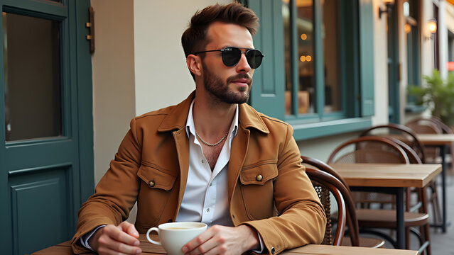 A stylish man relaxes at an outdoor cafe