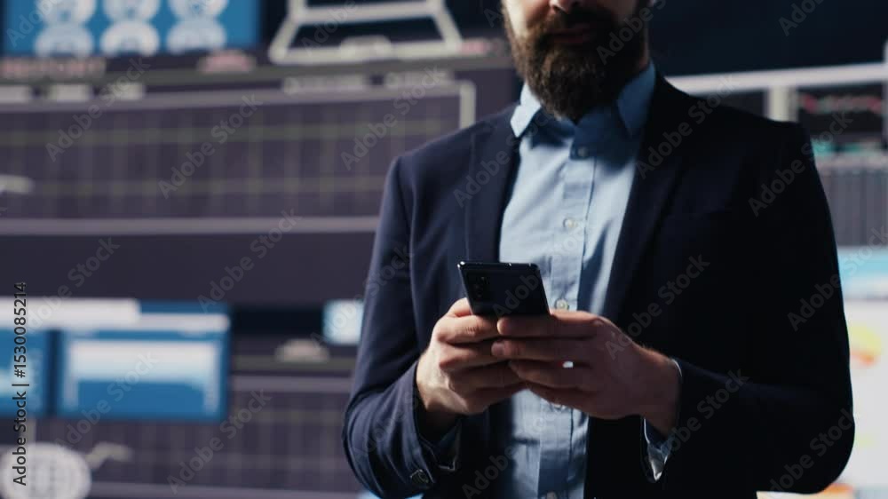 Poster business entrepreneur sending a text message with analytics reports, working hard on obtaining maxim