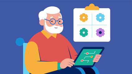 An elderly man is shown sitting in a wheelchair while holding a tablet device. On the screen he is completing a digital cognitive test that involves identifying patterns and. Vector illustration