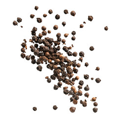 Black peppercorns falling on colorful abstract background spice art design