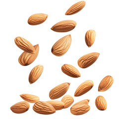 Many almonds falling against a colorful striped background