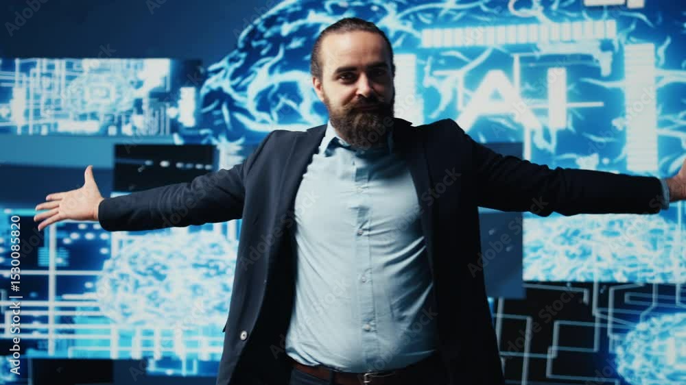 Poster male entrepreneur works on implementing ai brain system for deep learning, employing neural networks