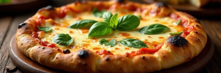 Golden crust, bubbling mozzarella, fresh basil, basil, restaurant, gastronomy
