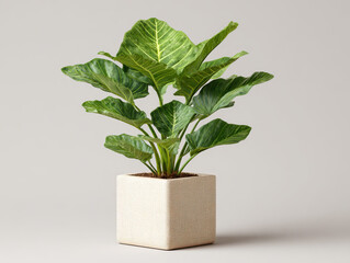 Natural Green Plant in a Beige Square Planter Box on Transparent Background

