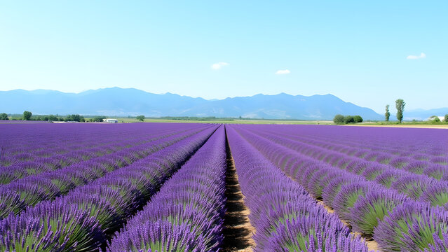 Lavender field landscape. Purple flowers grow in long rows. Mountains and blue sky are visible in background. Sunny day in the country.