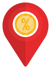 Pin location with percent discount flat icon isolated on white background.