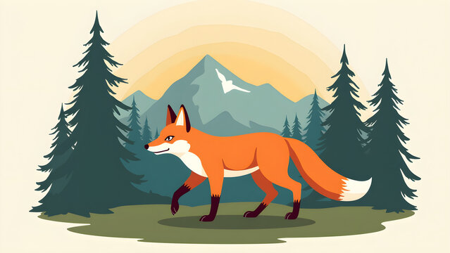 Fox Walking in Landscape with Pine Trees Wildlife Expedition Logo