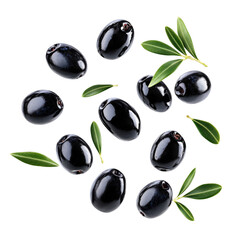 Fototapeta na wymiar Black olives and green leaves on a striped background a food collage