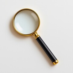 Magnifying Glass with Black Handle and Gold Rim on White Background