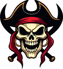 Aggressive Pirate Skull Vector with Red Bandana, Tricorn Hat, and Crossed Cutlasses