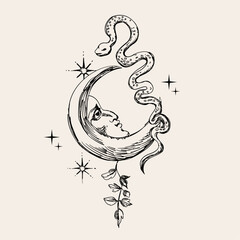 Vintage-style mystical composition with hand-drawn celestial style. 