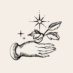 Vintage-style mystical composition with hand-drawn celestial style. 