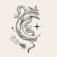 Vintage-style mystical composition with hand-drawn celestial style. 