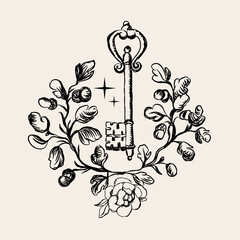 Vintage-style mystical composition with hand-drawn celestial style. 