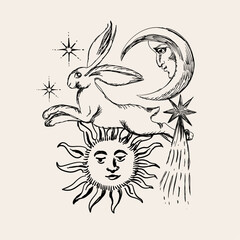 Vintage-style mystical composition with hand-drawn celestial style. 