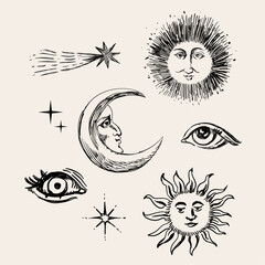 Vintage-style mystical composition with hand-drawn celestial style. 