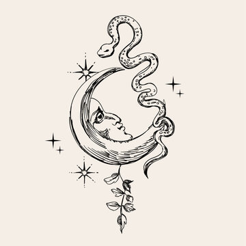 Vintage-style mystical composition with hand-drawn celestial style. 
