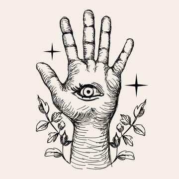 Vintage-style mystical composition with hand-drawn celestial style. 