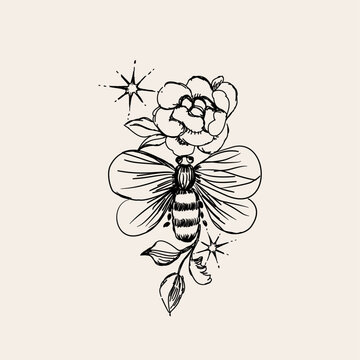 Vintage-style mystical composition with hand-drawn celestial style. 