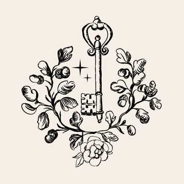 Vintage-style mystical composition with hand-drawn celestial style. 