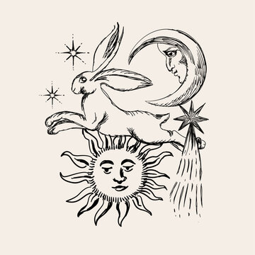 Vintage-style mystical composition with hand-drawn celestial style. 