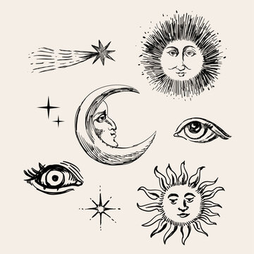 Vintage-style mystical composition with hand-drawn celestial style. 