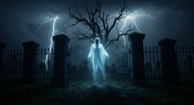 Ghost standing in front of an open cemetery gate with lightning striking in the background. Spooky Halloween scene.