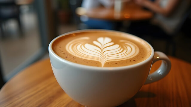 Close-up of a beautifully crafted latte with intricate art on top, placed on a wooden table in a cozy coffee shop