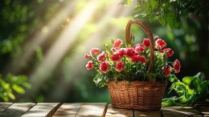 Vintage-inspired carnation bouquet in a handmade basket with glowing daylight