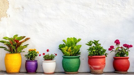 Terracotta containers bursting with color against a white stucco wall