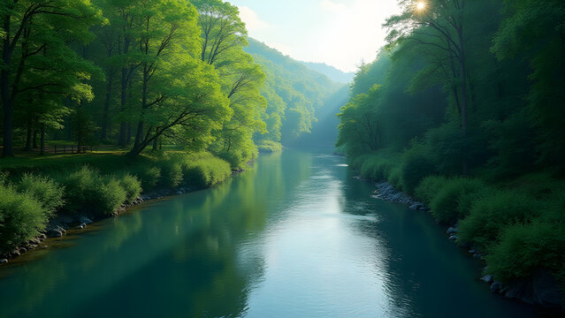 Calm river winding through lush green forest, serene nature scene for travel enthusiasts and outdoor lovers seeking peaceful landscapes