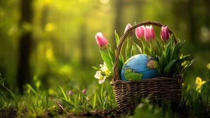 Spring tulips in full bloom around a globe resting inside a natural wicker basket, nature and planet care theme