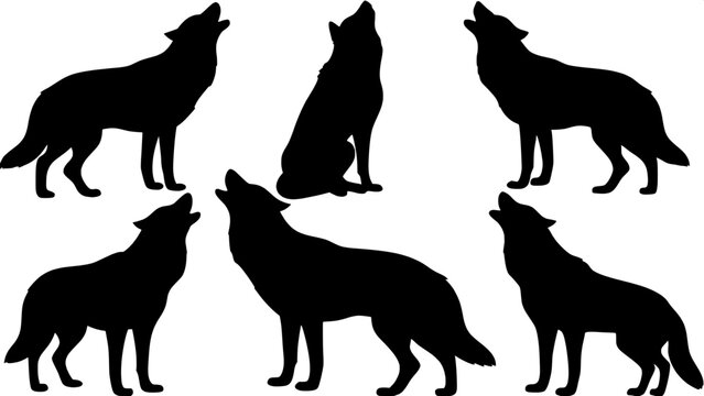 "Illustrate a set of five stylized black wolf silhouettes in various poses for use in a nature-themed logo or brand identity. Keep the composition clean and minimalist, emphasizing the distinct form o