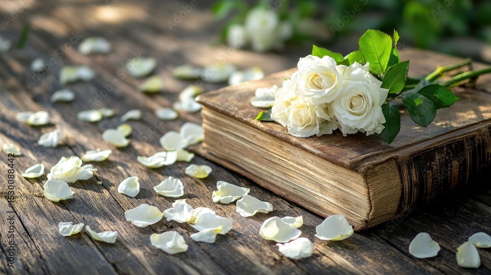 Poster soft petals of white roses scattered across an old book stack on a rustic wooden surface