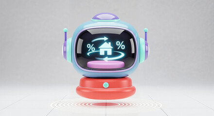 Robot showing house icon and percentage symbol on screen, home equity loan and real estate investment concept