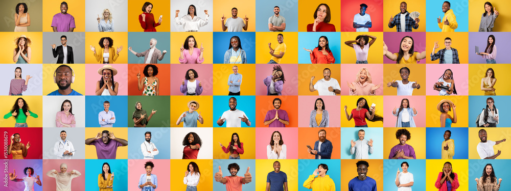 Poster a collection of diverse individuals displays a range of emotions and expressions against colorful ba