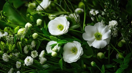 Refined floral styling with white flowers nestled among olive green stems
