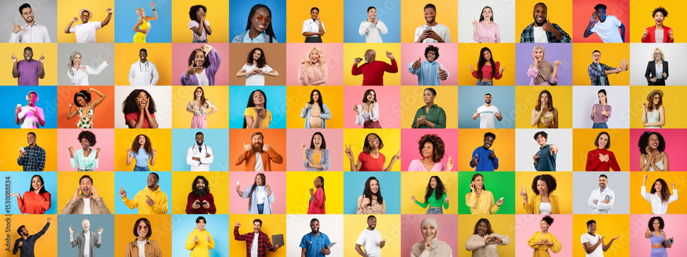Poster colorful portraits feature a diverse group of individuals expressing themselves joyfully. each perso