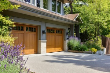 Concrete Driveways. Exterior of House with Covered Parking and Wooden Garage Doors