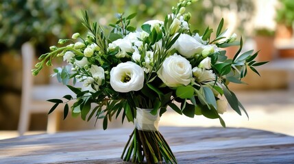 Olive foliage gently accenting a bouquet of white roses and ranunculus