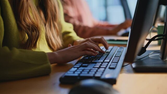 Consultant hands entering data keyboard talking with client by headset closeup