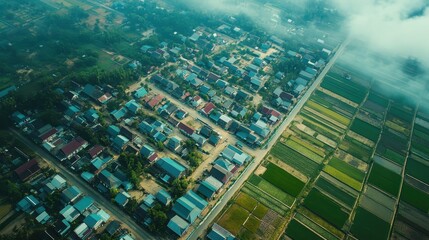 City Planning Top View. Serene Countryside Village with Misty Mountains in Rural Thailand