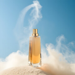 A luxurious perfume bottle is displayed upright on a soft, sandy surface, surrounded by a delicate mist.