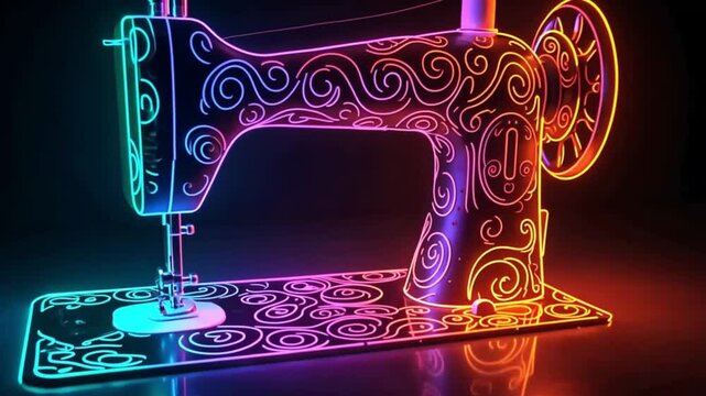 The sewing machine with bright neon lights shines in a spectrum of colors, providing a stunning glow in a dark room