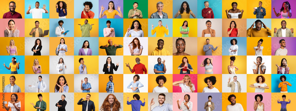 Poster a vibrant collection features diverse faces and styles, illustrating various expressions centered ar