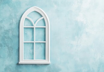 Fototapeta premium White Gothic-Style Arched Window Frame on Textured Blue Wall, Soft Pastel Tones, Minimalist Interior Design Background for Home Decor and Architectural Editorial Use