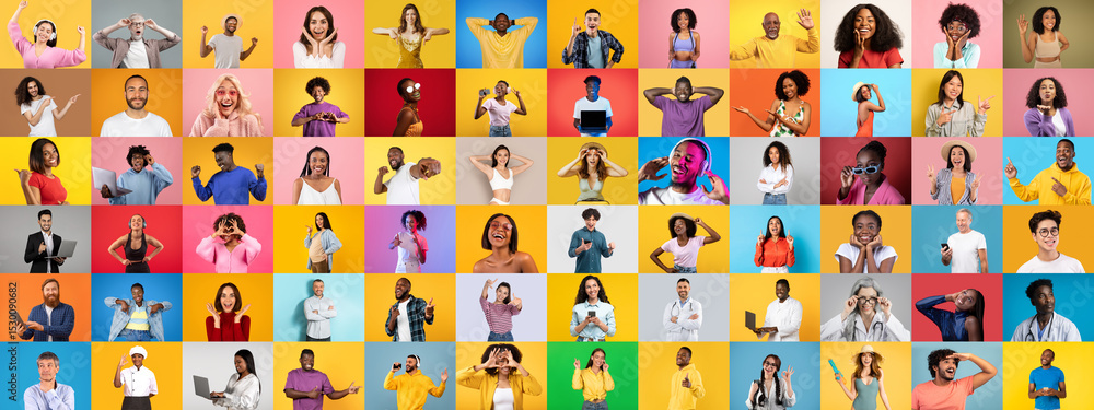 Aufkleber a vibrant collage features diverse individuals expressing joy and creativity against colorful backgr