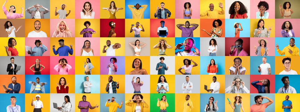 A vibrant collage features diverse individuals expressing joy and creativity against colorful backgrounds. The set highlights a celebration of diverse lifestyles and unity in diversity. - Powered by Adobe