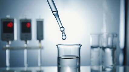 Laboratory Experiment with Pipette Dropping Liquid into Glass Beaker in Scientific Research Environment