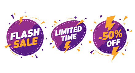 Set of 3 flat vector flash sale badges in bold purple and orange. Includes “FLASH SALE”, “LIMITED TIME”, and “50% OFF” messages with lightning icons.